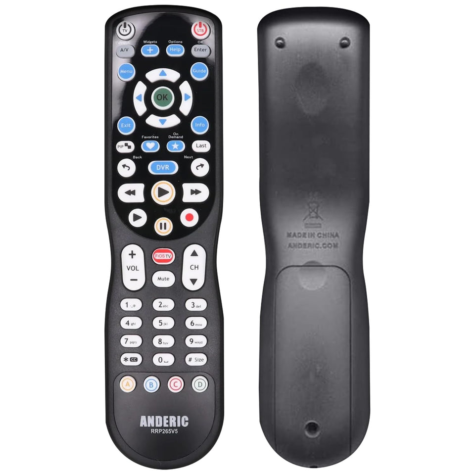 Anderic RRP265V5 remote front view, comfortable grip for FiOS navigation
