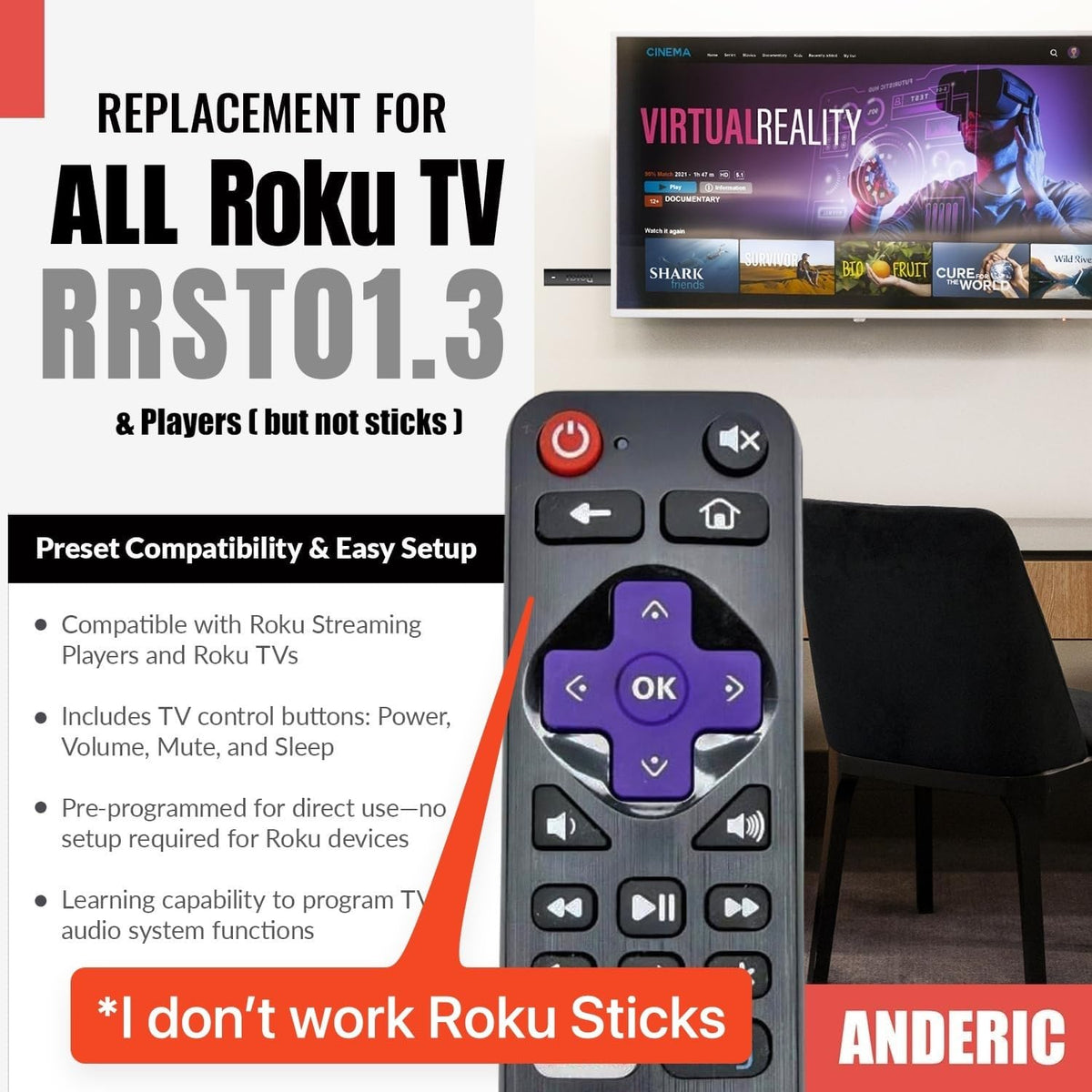 Anderic RRST01.3 learning remote beside Roku player for compatibility