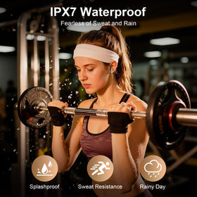 ANDHOT S65 earbuds with water droplets showing IPX7 sweat and splash protection