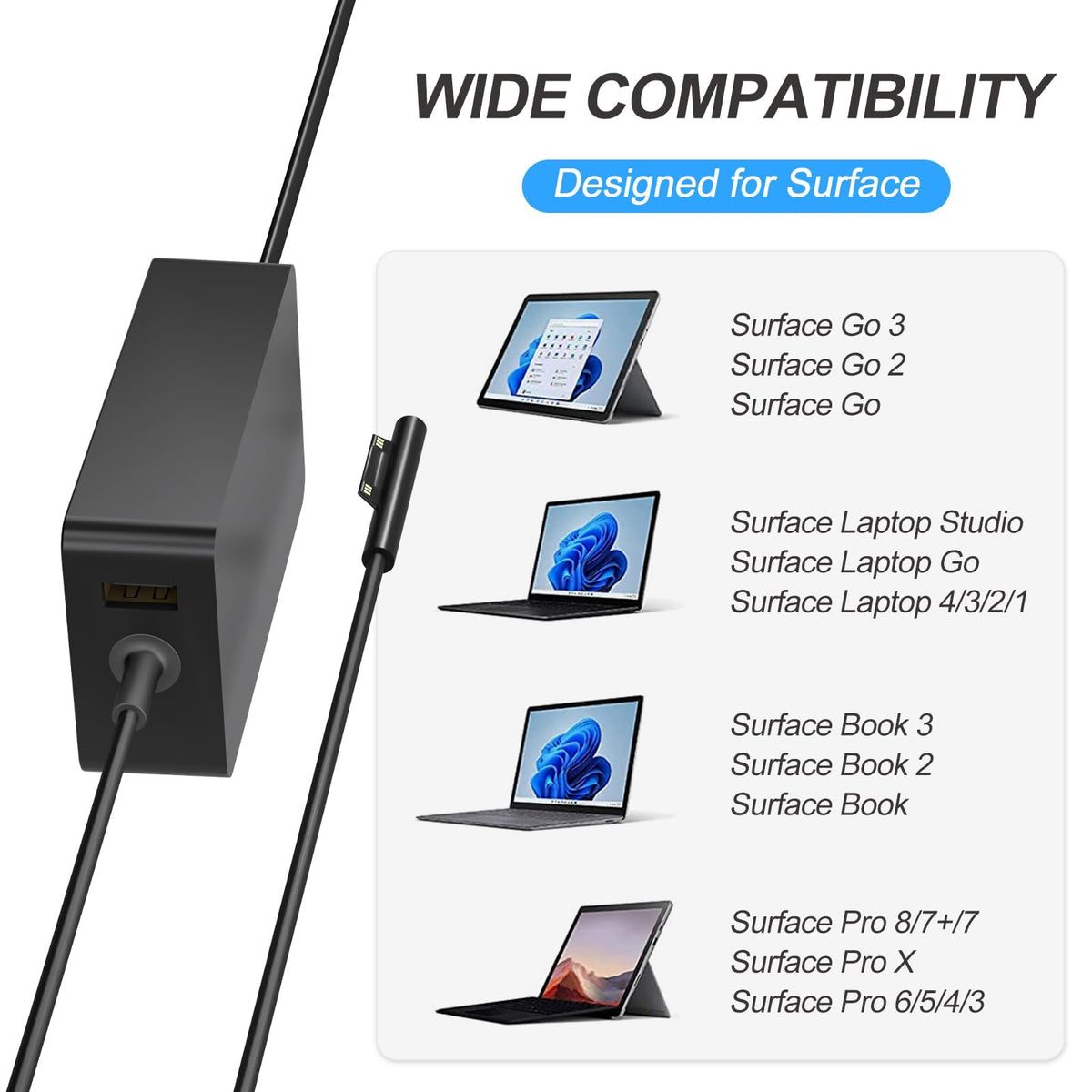Andingker 65W Surface Pro charger folding head ensures secure, snap-close connection