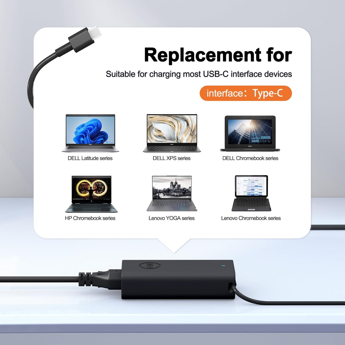Andingker 65W USB-C Dell charger packaged with power cord.