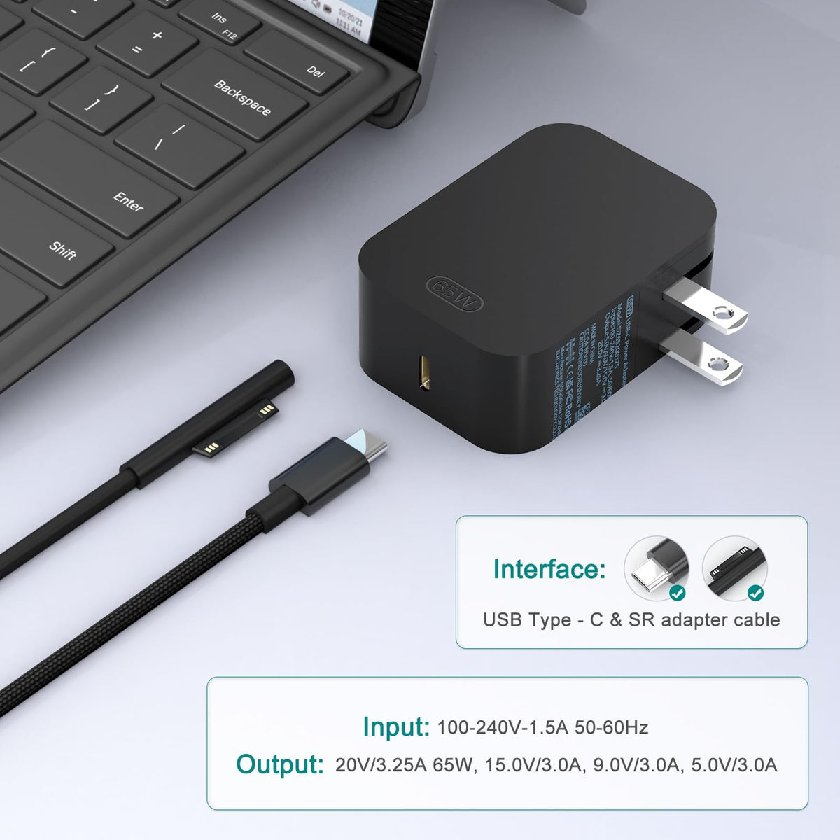 Andingker charger connected to Surface Pro in use showing fast, convenient charging benefit