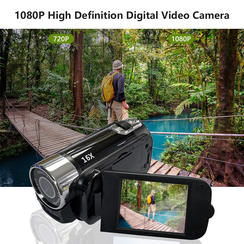 Andoer 1080p camcorder side view highlights compact design for portability