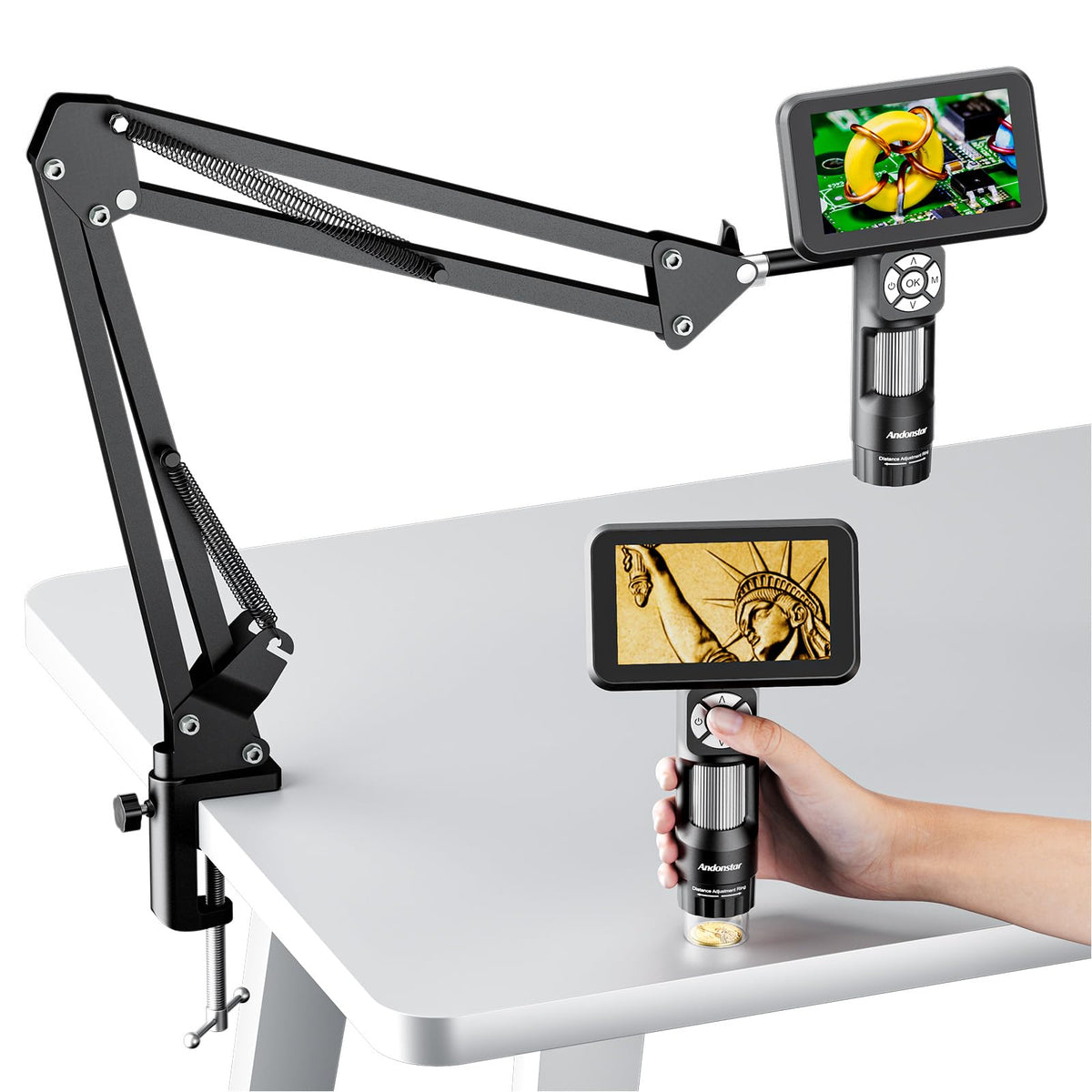 Andonstar AD115 with 5-inch display for convenient on-device inspection.