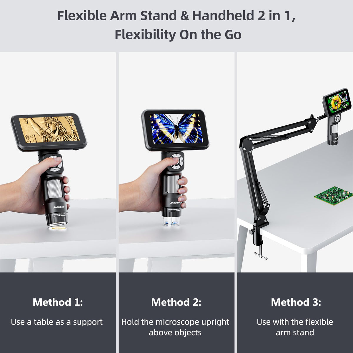 Andonstar AD115 flexible boom arm enables precise positioning for close-up views.