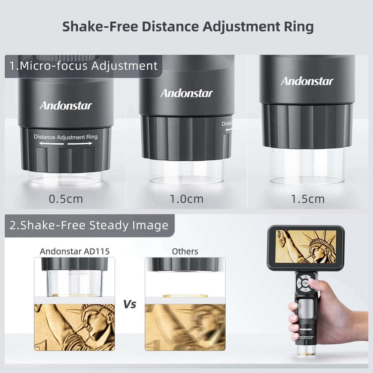 Andonstar AD115's distance ring keeps images steady during micro-focus adjustment.