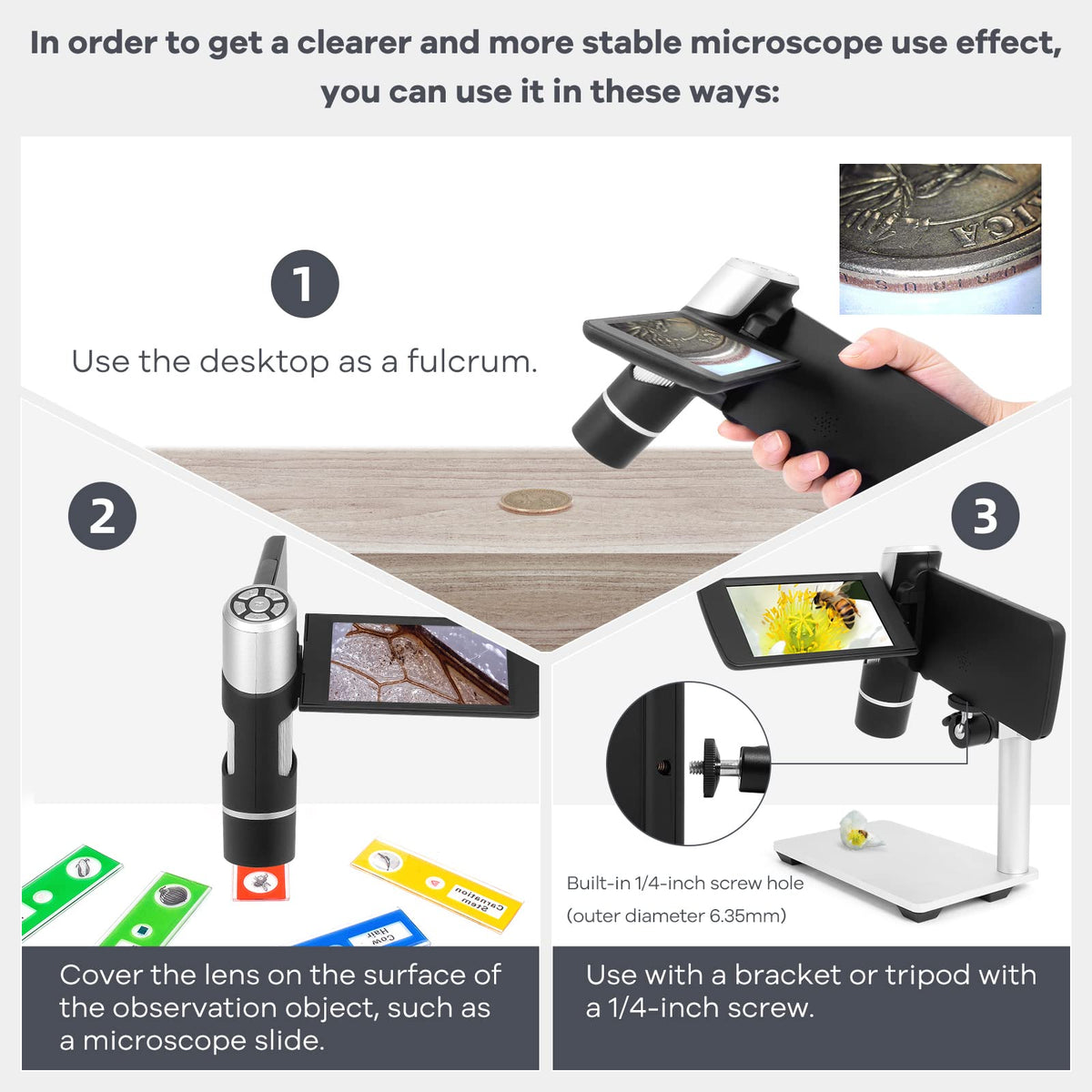 Andonstar AD203 80x magnification with adjustable LED illumination.