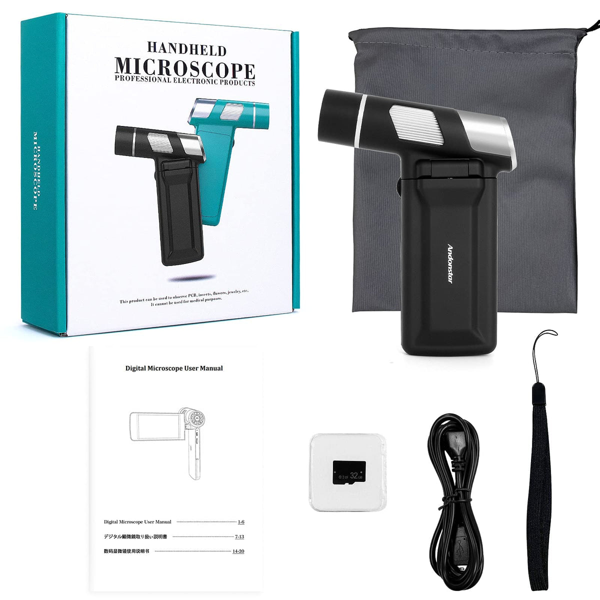Andonstar AD203 includes complete accessory kit for travel.