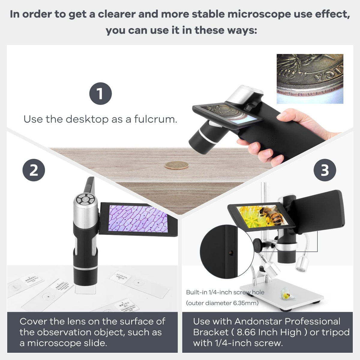 Andonstar AD203 metal stand provides stable coin viewing with adjustable lighting