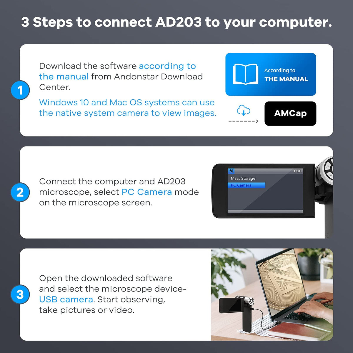 Andonstar AD203 connectable to Windows and Mac via USB.