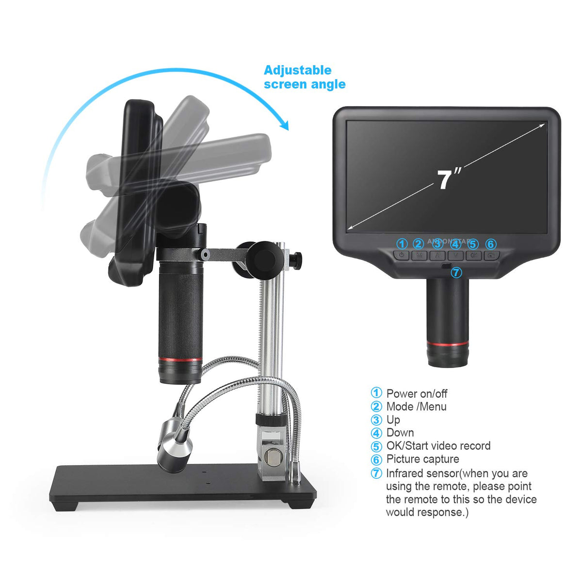 Eight adjustable LED levels illuminate tiny components for clear imaging.