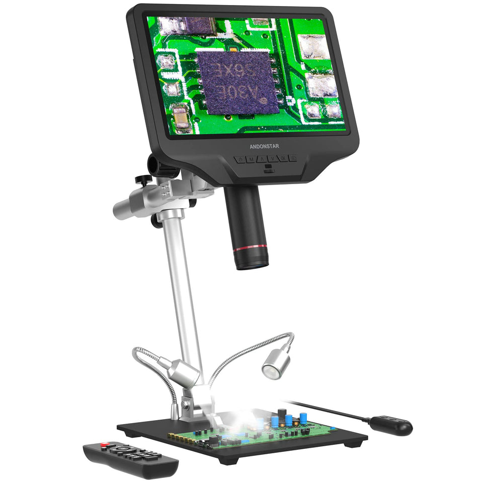 Andonstar AD409 Pro microscope front view on the host for precise PCB inspection.