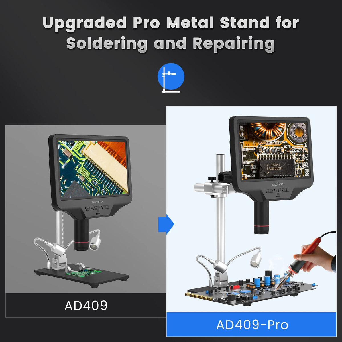 Andonstar AD409 Pro UV-filter front lens protects optics during soldering tasks.