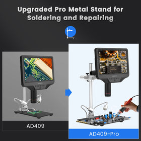 Andonstar AD409 Pro UV-filter front lens protects optics during soldering tasks.
