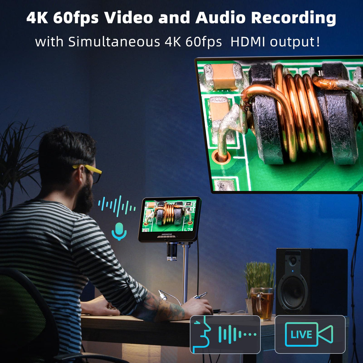 Andonstar dual-camera setup delivers 64MP photos and 4K60 video for high-resolution captures.