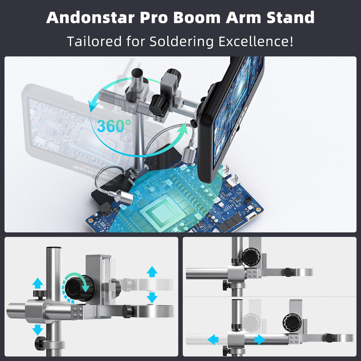 Andonstar pro-boom-arm stand offers 360° rotation for flexible soldering angles.