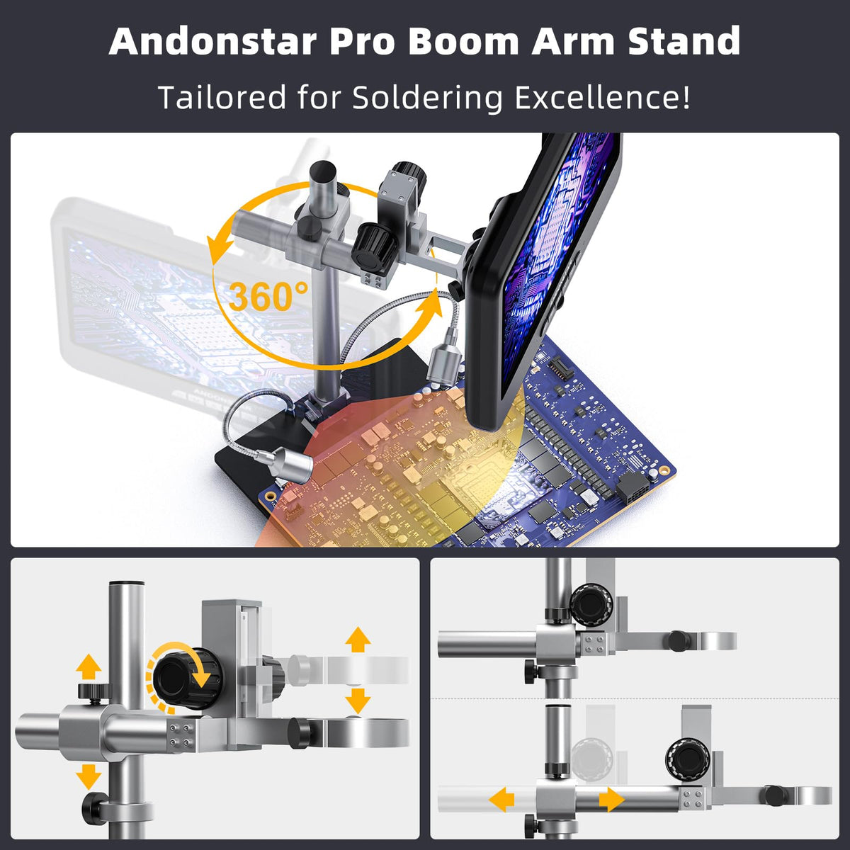 Andonstar pro boom arm stand enabling precise soldering angles