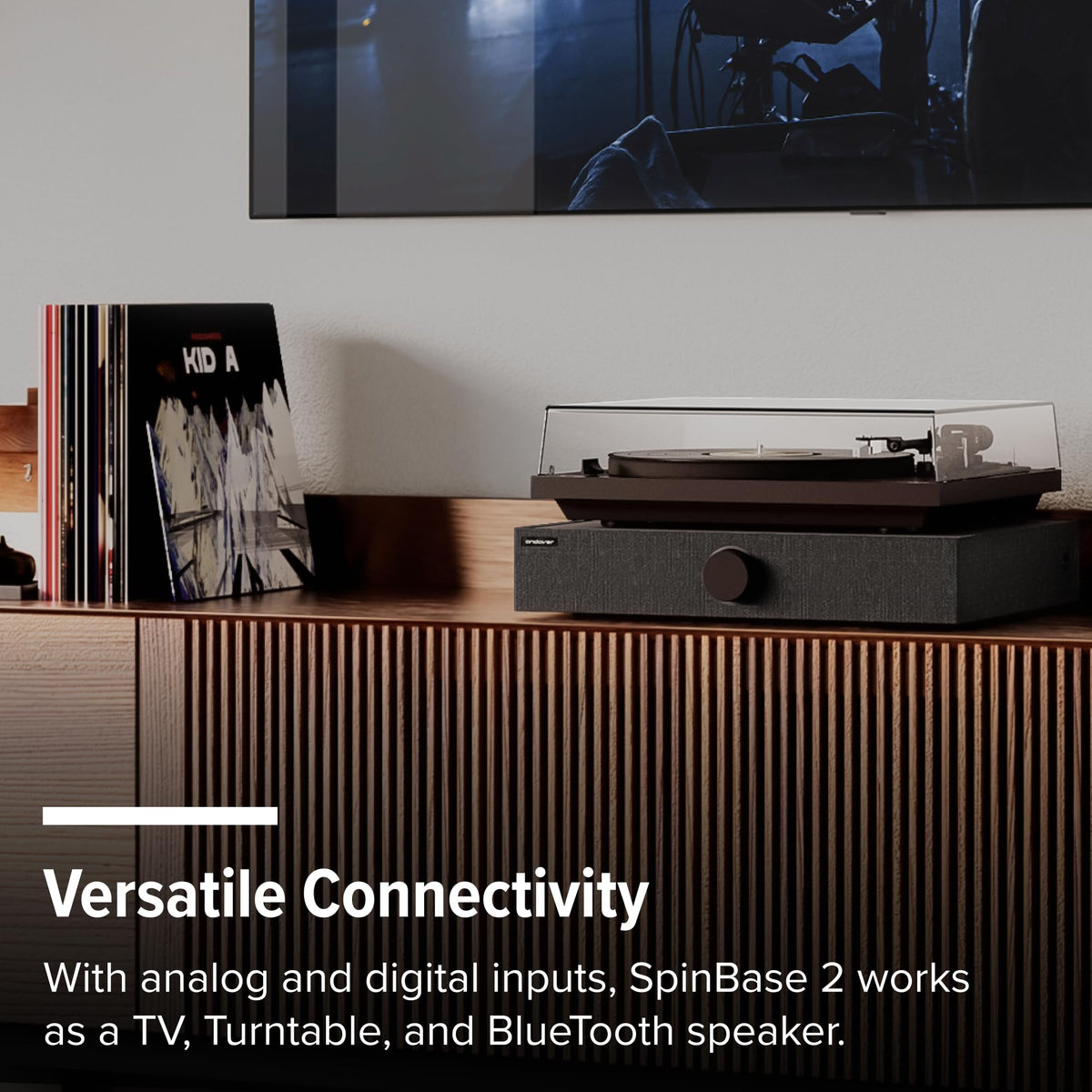 Andover Audio Spinbase 2 sits atop a turntable for space-saving setup.