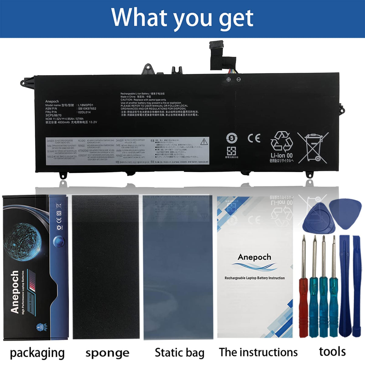 Anepoch top label displaying voltage and part numbers to verify compatibility quickly