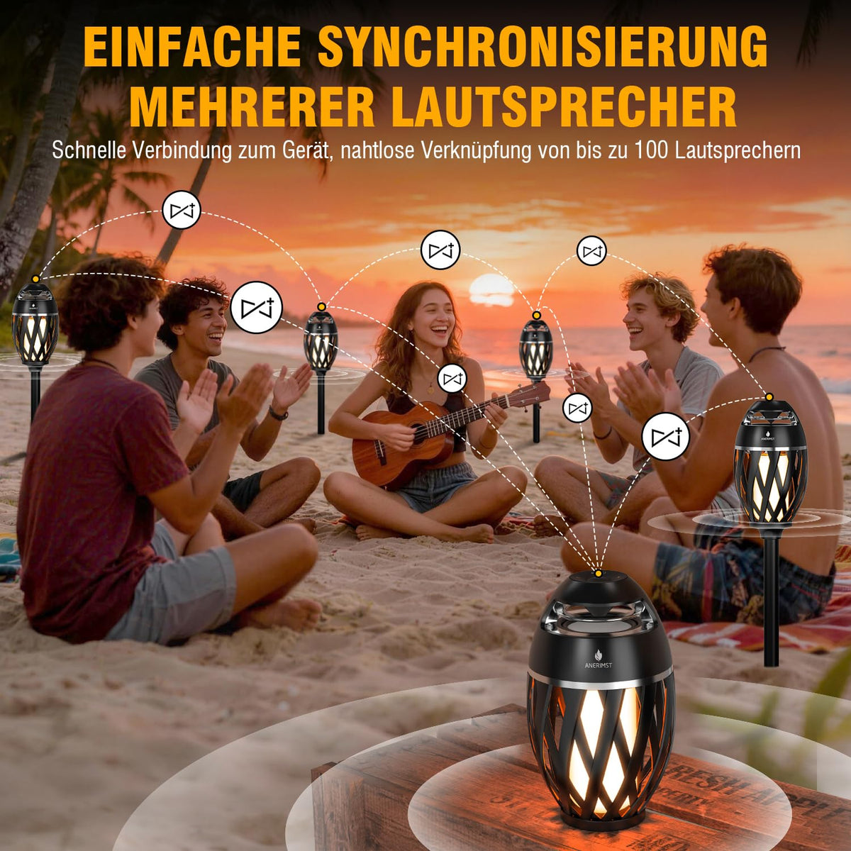 ANERIMST LED torch ambience speaker provides cozy exterior lighting and ambiance.
