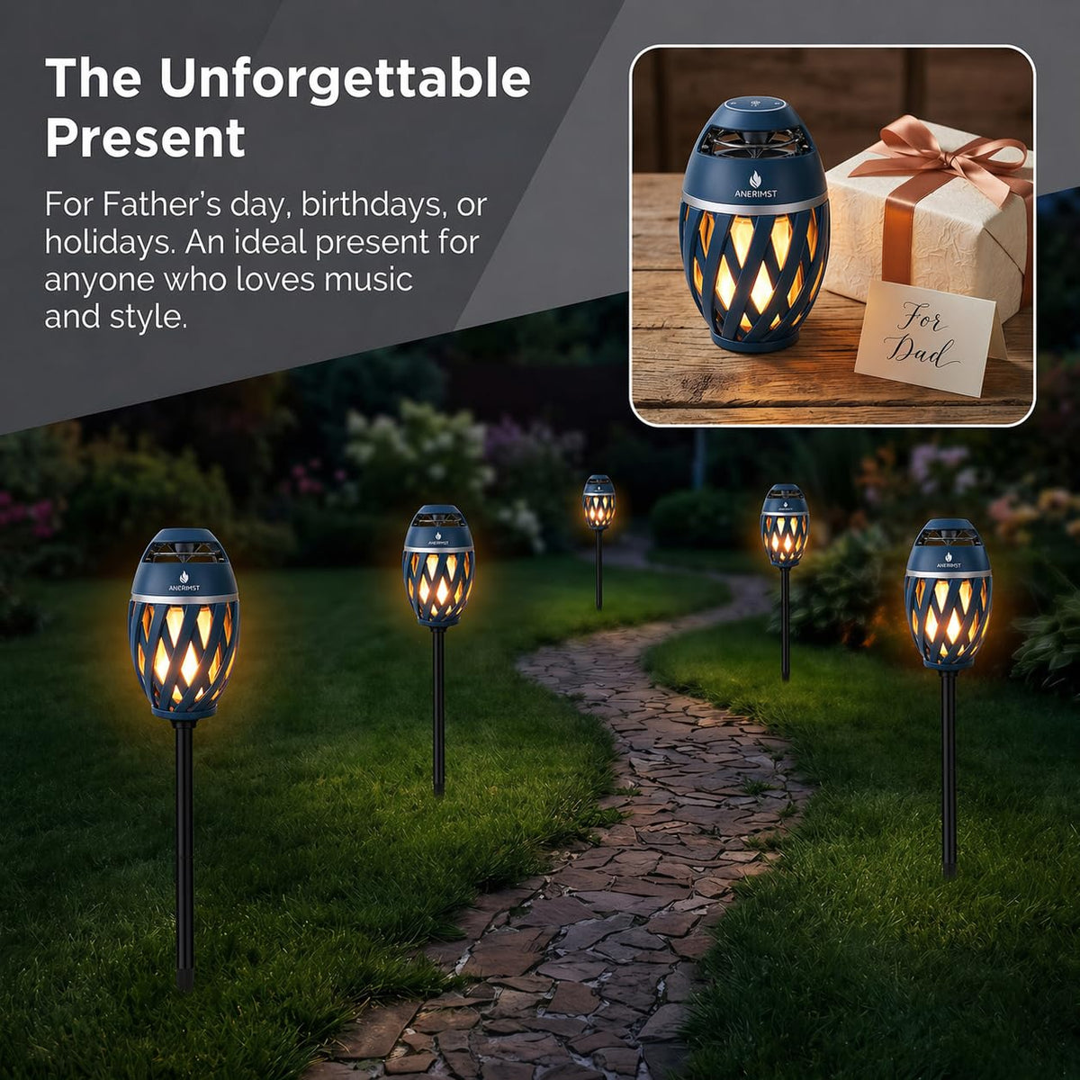 ANERIMST on a patio at dusk showing music and lantern ambiance benefit