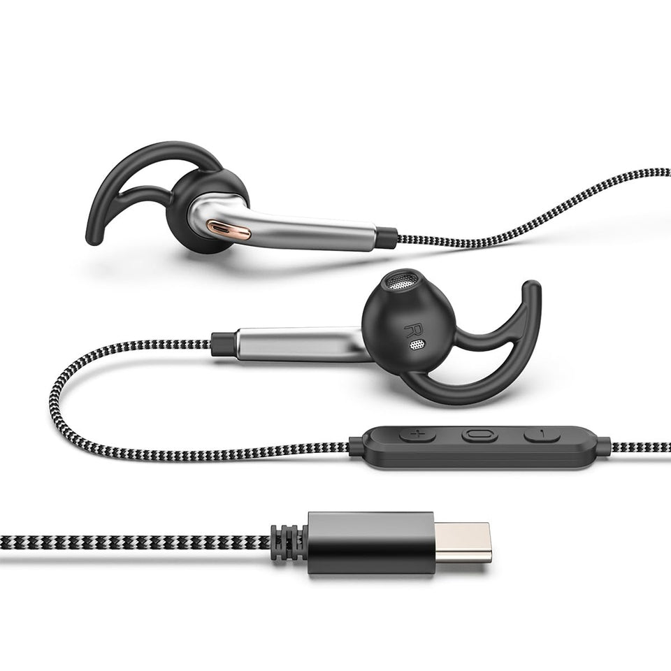 ANFLOWE ES850 wired USB-C headphones with secure-fit design for workouts.