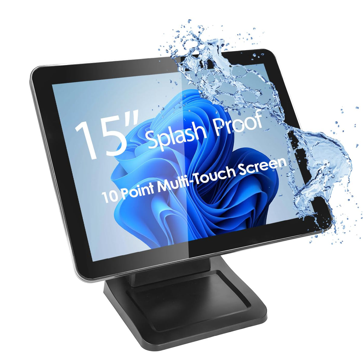 ANGEL POS 15-inch seamless flat front view showing bezel-free design for easy cleaning.