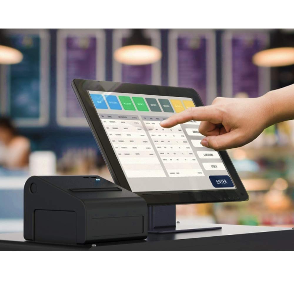 Angel POS 17-Inch capacitive monitor side angle highlights sturdy metal stand for stable, busy POS environments.