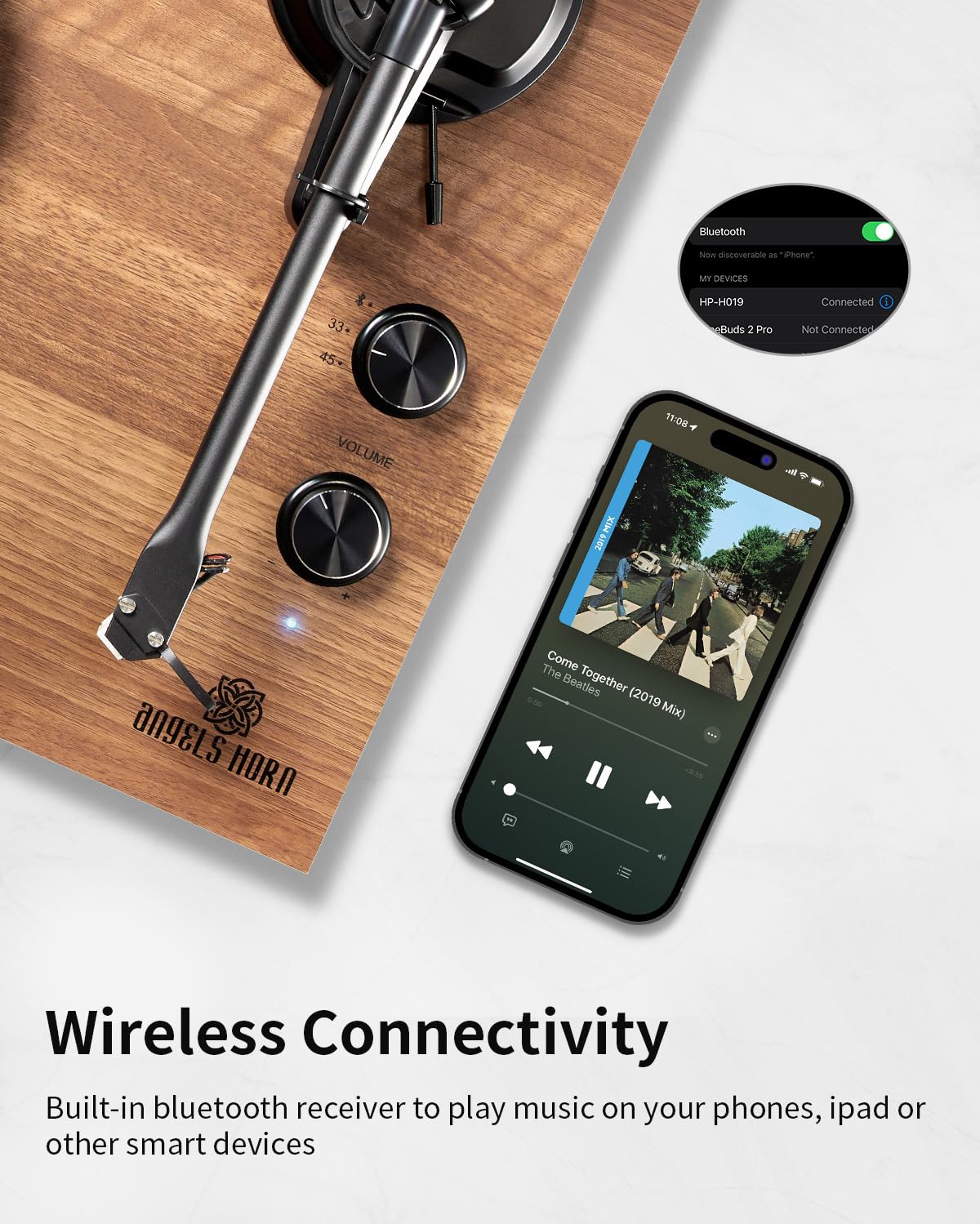 ANGELS HORN Bluetooth connection enables wireless streaming from mobile devices.