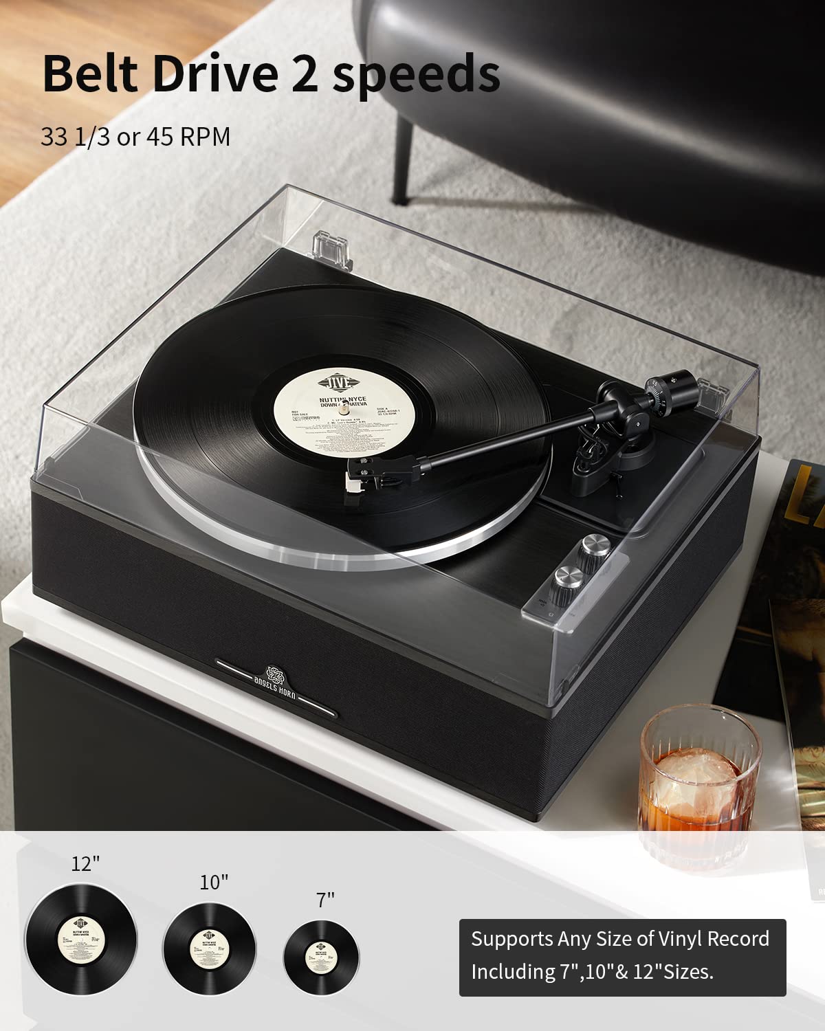 ANGELS HORN built-in four speaker system enhances room filling sound.