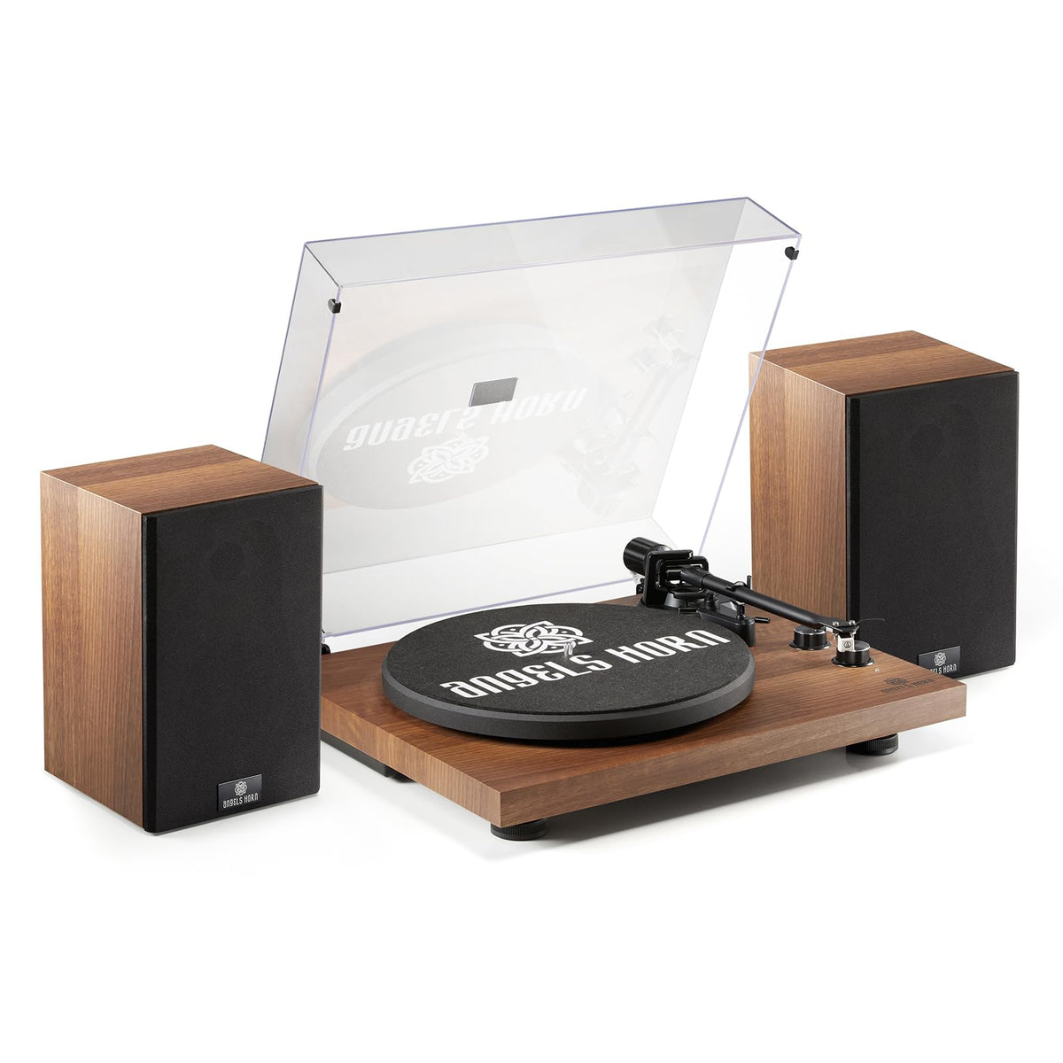 ANGELS HORN vinyl player front view with warm wood finish and built-in speakers for immersive listening.