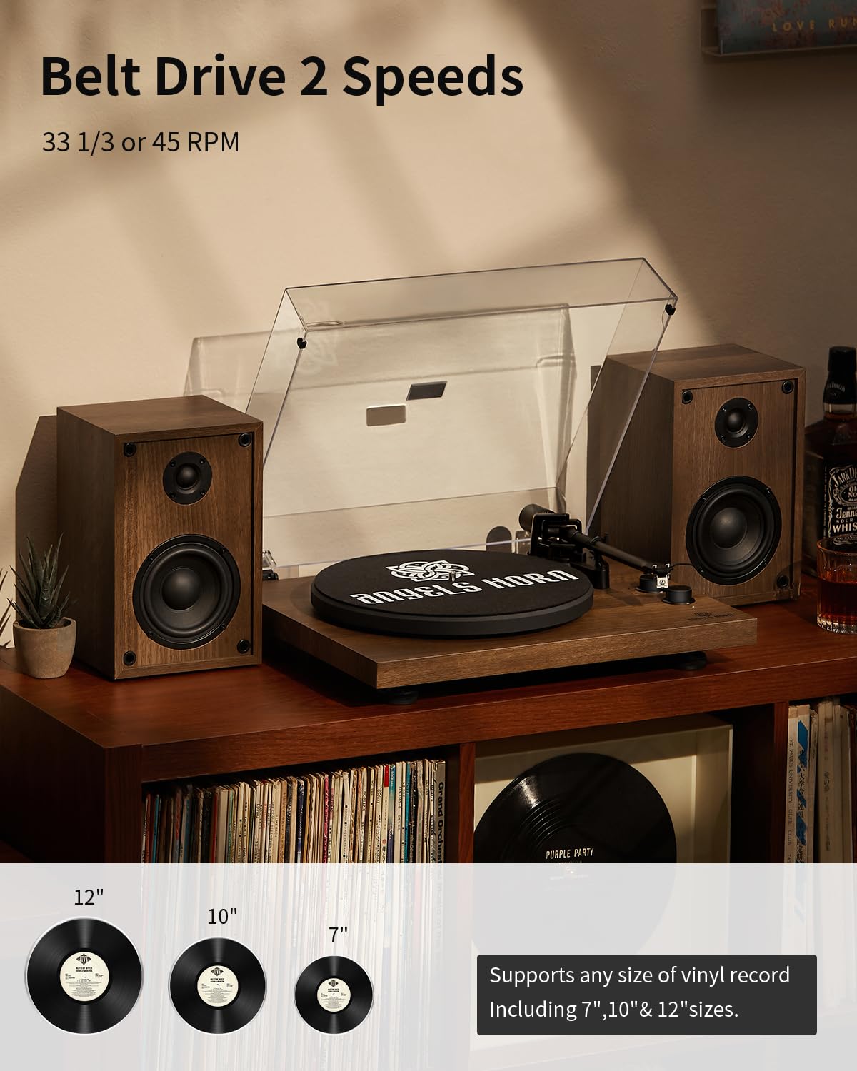ANGELS HORN vinyl player side view showing sturdy plinth and belt-drive stability.