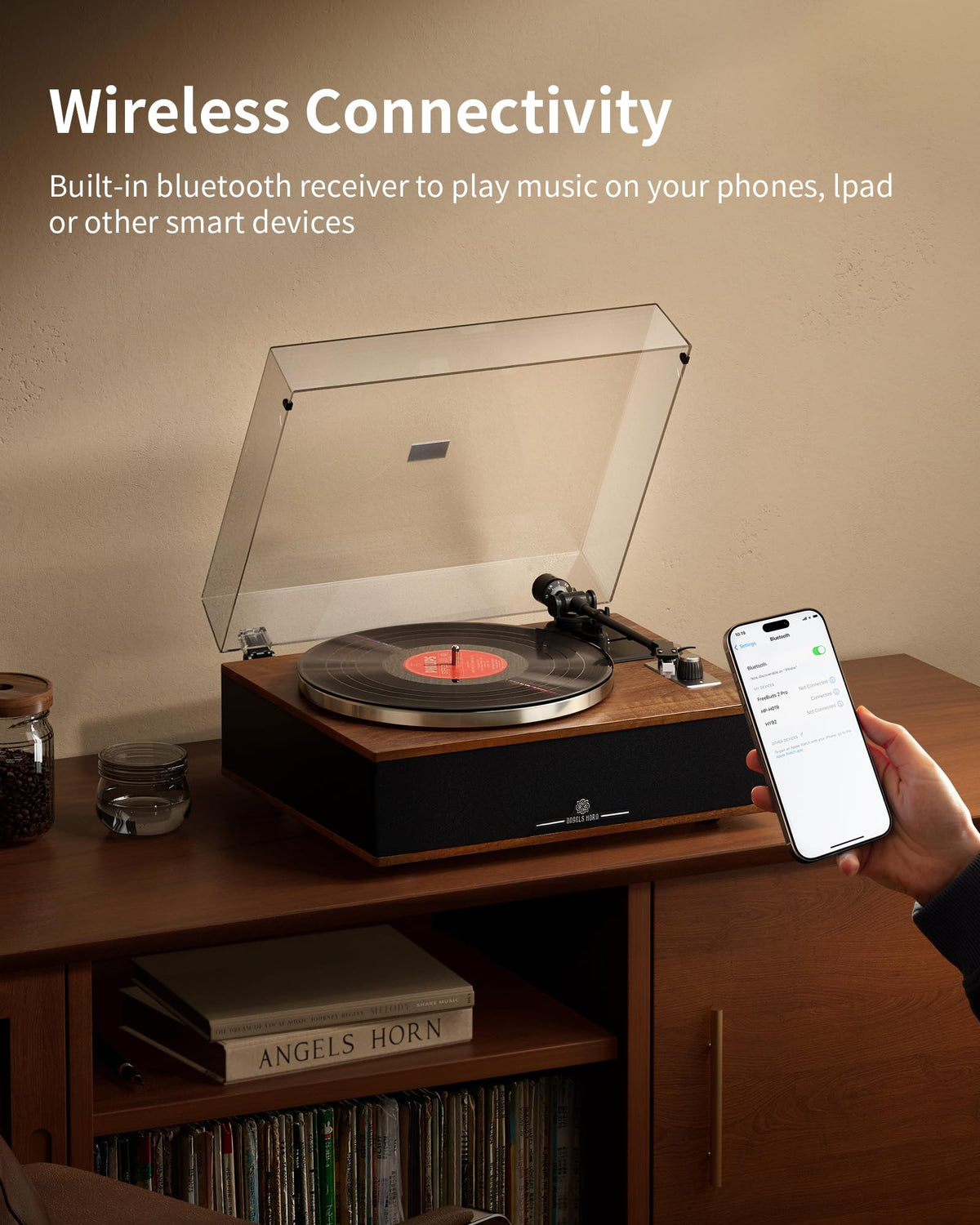 ANGELS HORN vinyl record player bluetooth indicator shows wireless pairing readiness