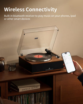 ANGELS HORN vinyl record player bluetooth indicator shows wireless pairing readiness