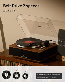 ANGELS HORN vinyl record player top view emphasizes sturdy build and cable free setup