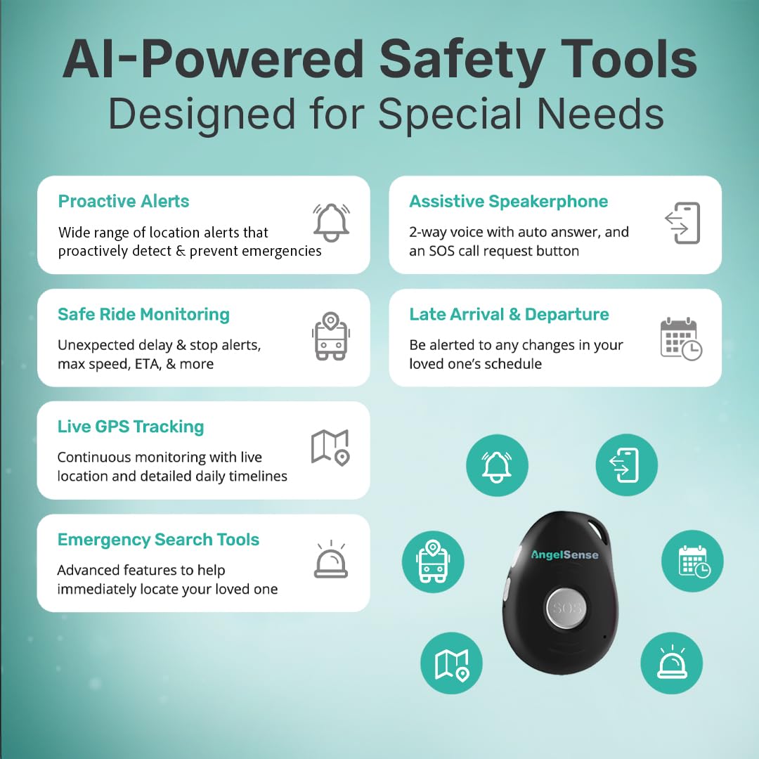 AngelSense Guardian Kit Live Tracking showing real-time location and caregiver access.