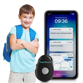 AngelSense safety monitor worn in a soft sleeve for continuous live location updates.