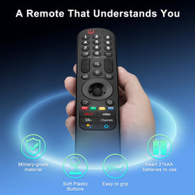 Angrox remote in front of TV showing fast pairing and use benefit