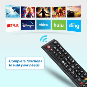 Angrox remote beside TV illustrating broad compatibility with Samsung displays.