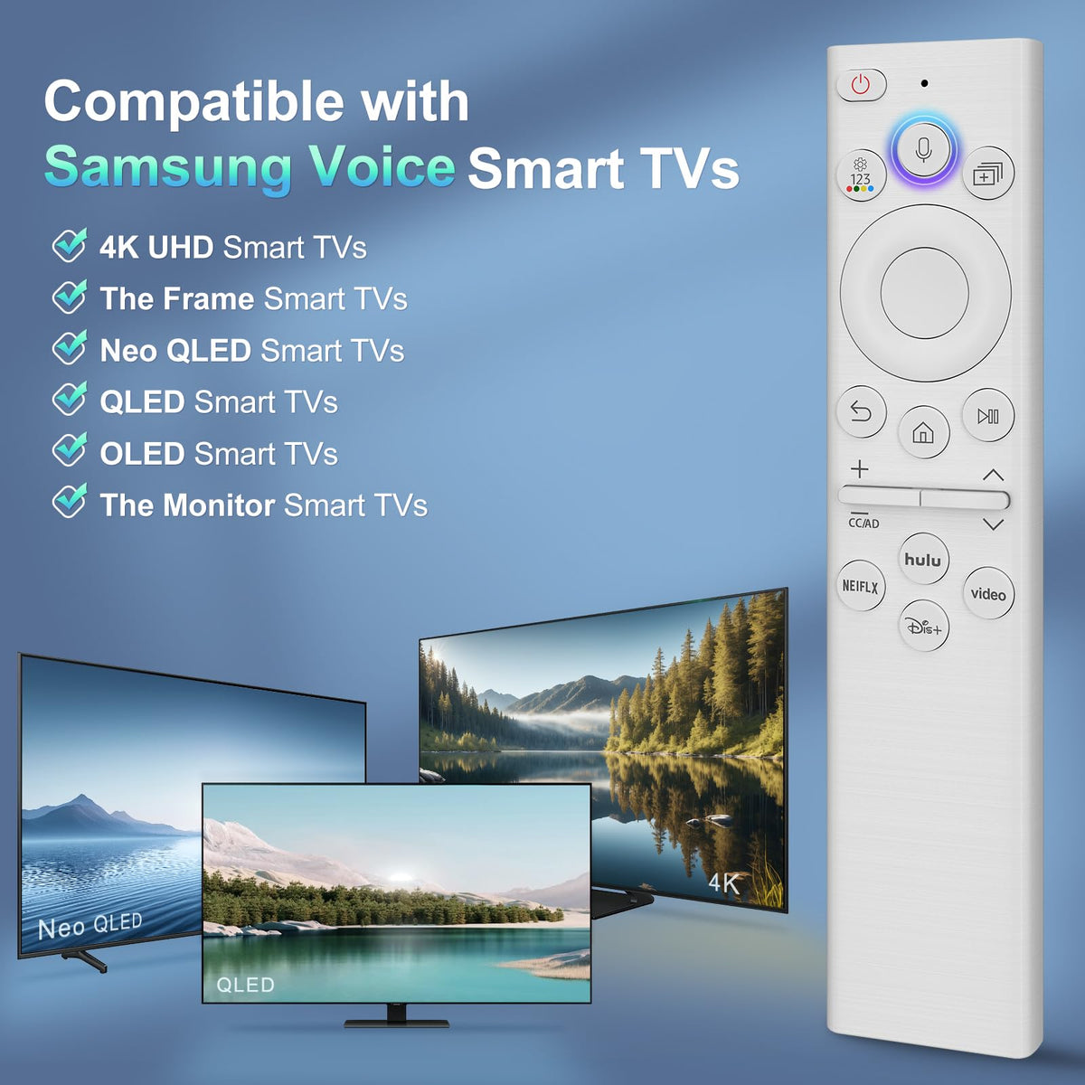 Angrox voice-control remote showing broad compatibility across Samsung models