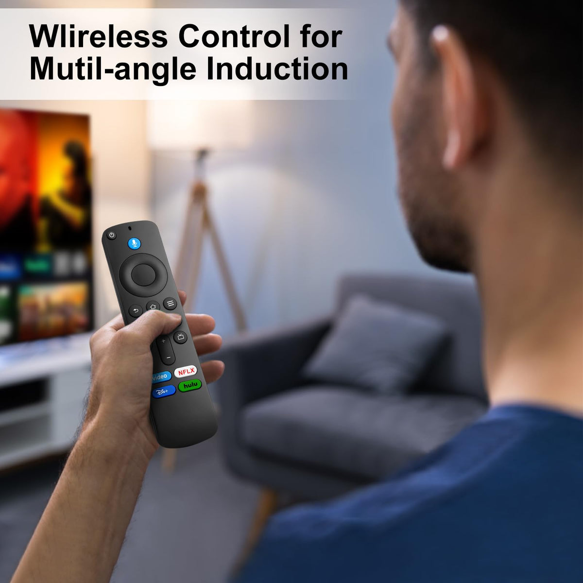 Angrox voice remote close-up shows four shortcut buttons for instant access.