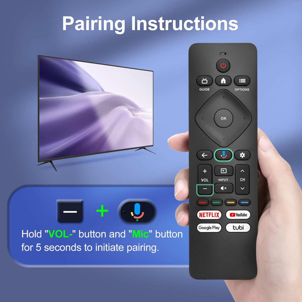 Angrox remote shortcuts provide instant access to Netflix, YouTube, Google Play, and Tubi.