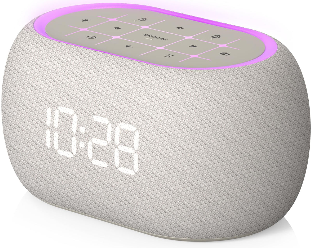 ANJANK front view alarm clock radio showing display and fabric finish, easy bedside use