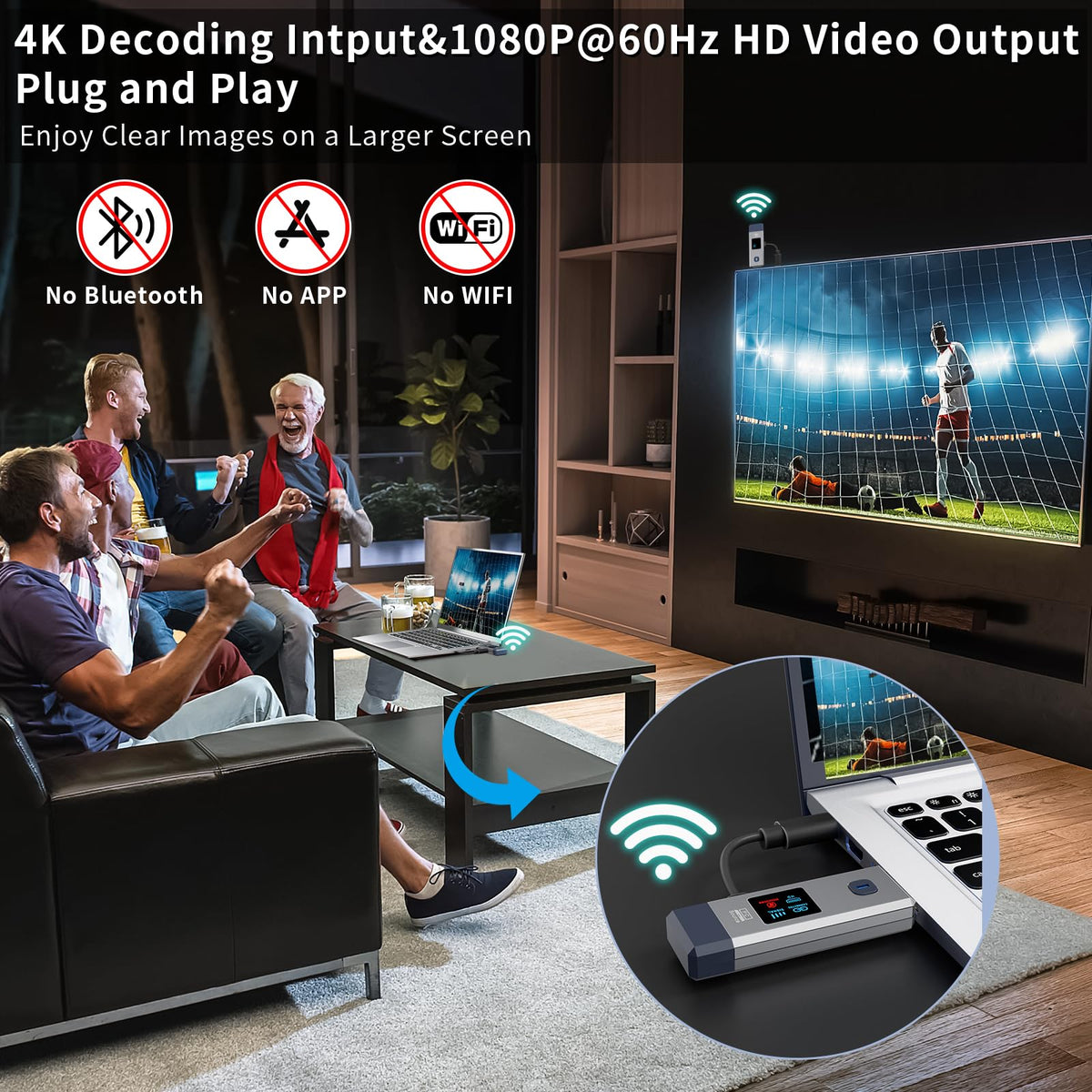 ANJCTDD wireless HDMI transmitter illustrating plug-and-play installation.