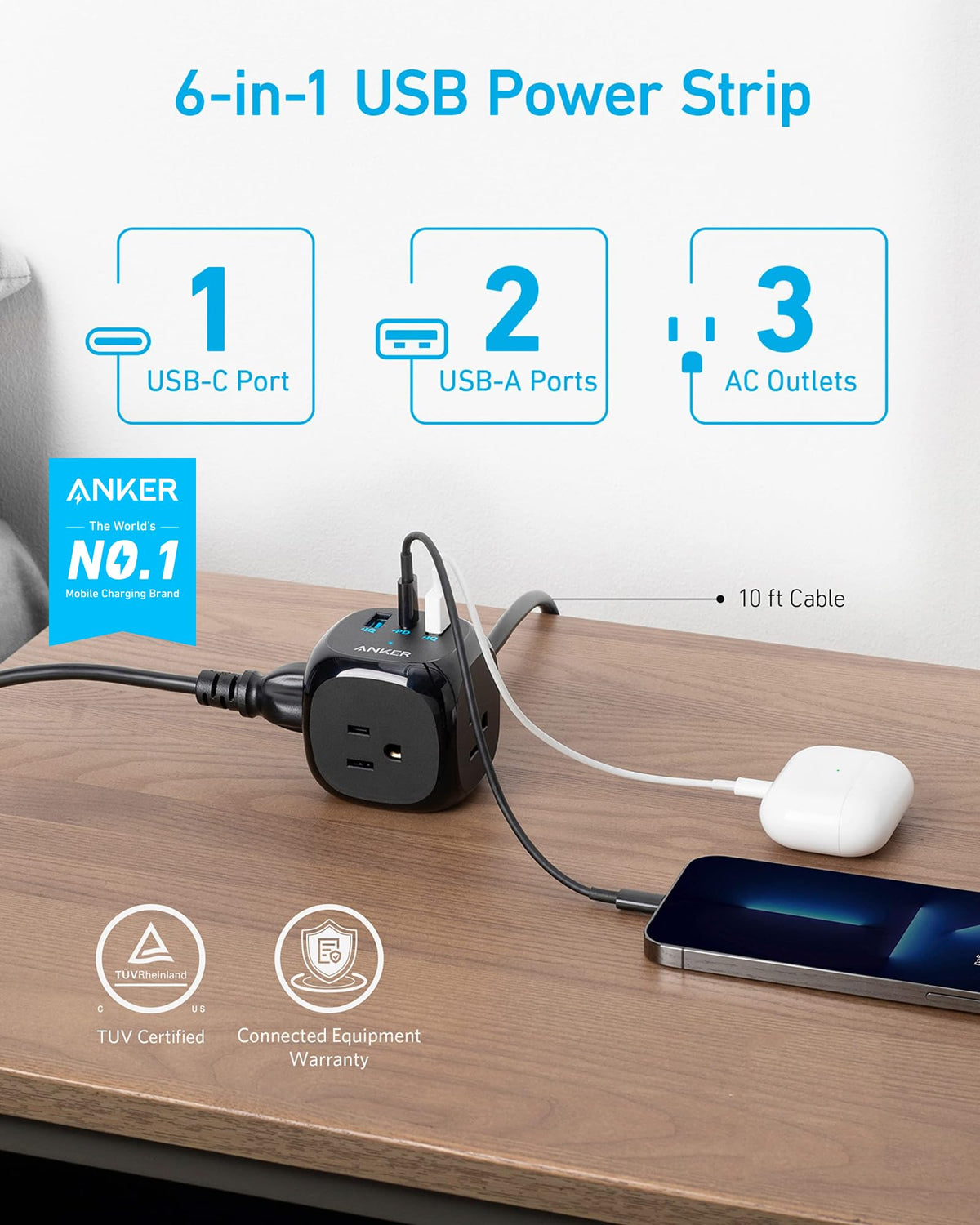 Anker 321 Power Strip on a desk setup showing its compact design for tidy workspaces.