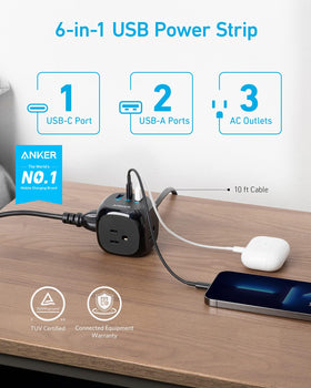 Anker 321 Power Strip on a desk setup showing its compact design for tidy workspaces.