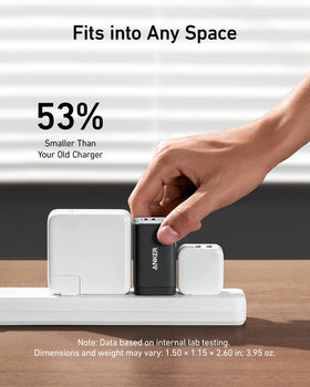 Anker 735 next to an AirPods Pro case showing travel-friendly compact size