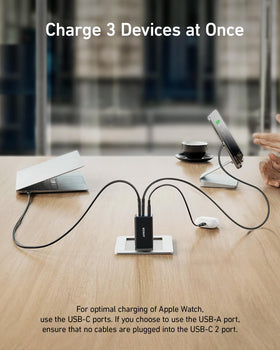 Anker 735 closeup of three USB‑C ports enabling simultaneous device charging