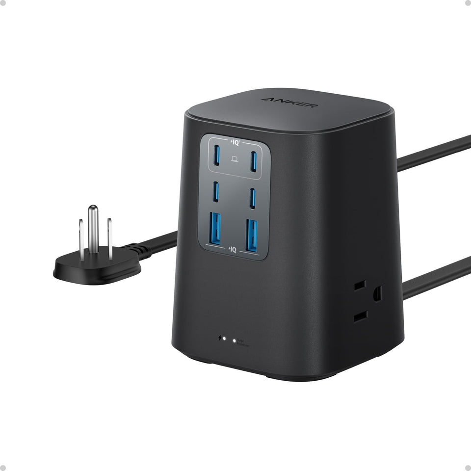 Anker front view showing ports and benefits of organized charging