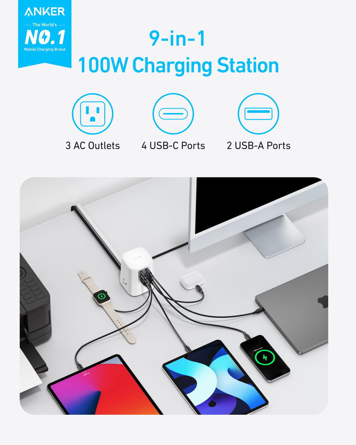 Anker close showing three-sided AC outlets that prevent plug crowding